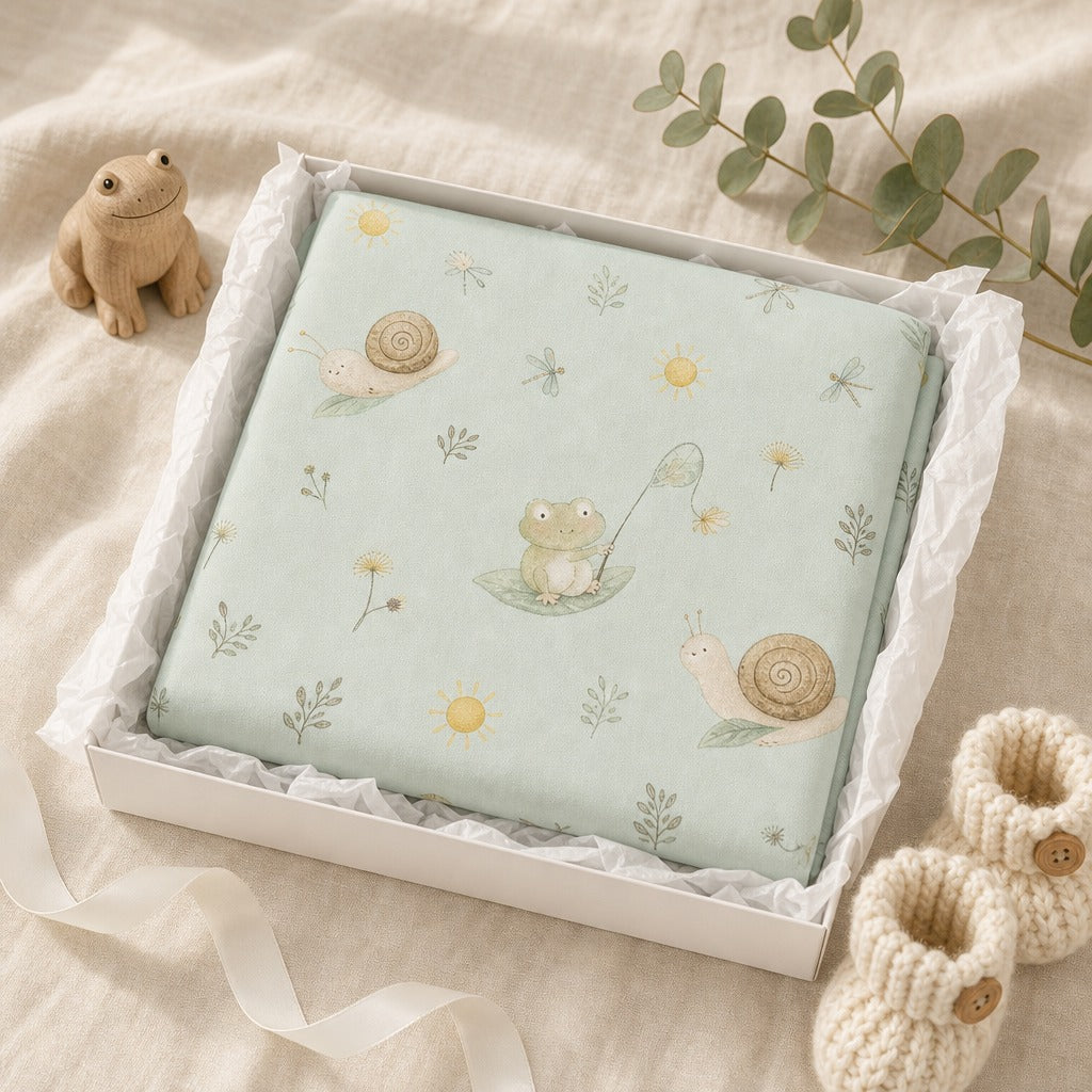 A folded Kiddospot fitted sheet in a white gift box, featuring a light mint green background with a cute frog, snails, and small flowers. The box is styled on a beige fabric background with a wooden frog toy, eucalyptus leaves, and cream knit booties.