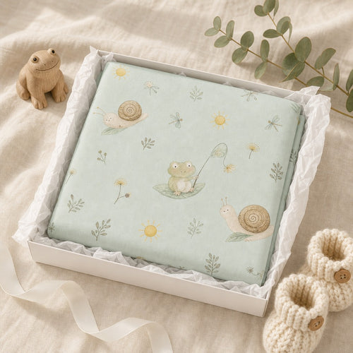 A folded Kiddospot fitted sheet in a white gift box, featuring a light mint green background with a cute frog, snails, and small flowers. The box is styled on a beige fabric background with a wooden frog toy, eucalyptus leaves, and cream knit booties.