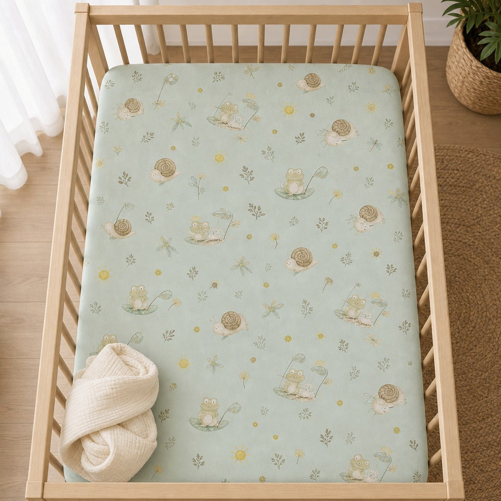 A Kiddospot fitted crib sheet with a light sage green fabric cover printed with a whimsical pattern of tadpoles, snails, and small flowers, shown inside a light wood crib with a folded cream blanket.
