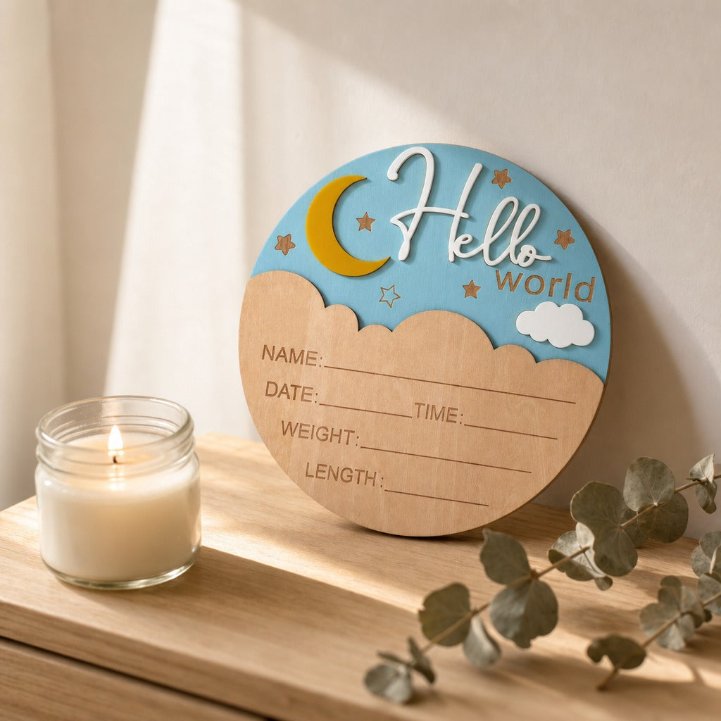 A personalized wooden baby milestone plaque with a blue sky design, yellow crescent moon, stars, and the words 'Hello world,' displayed on a wooden surface next to a lit candle and eucalyptus branches.