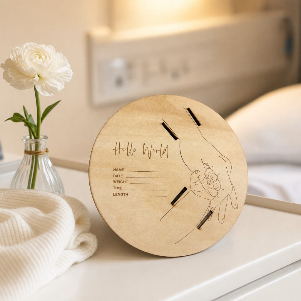 Kiddospot round wooden baby milestone plaque with engraved lines and text, styled on a bedside table next to a white flower in a glass vase and a folded cream knit blanket.