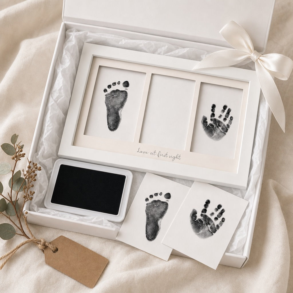 A baby keepsake gift set in a white box with a white ribbon, featuring two black footprints and handprints in white frames, two small sample prints, a black ink pad, and a kraft gift tag on a soft beige fabric background.
