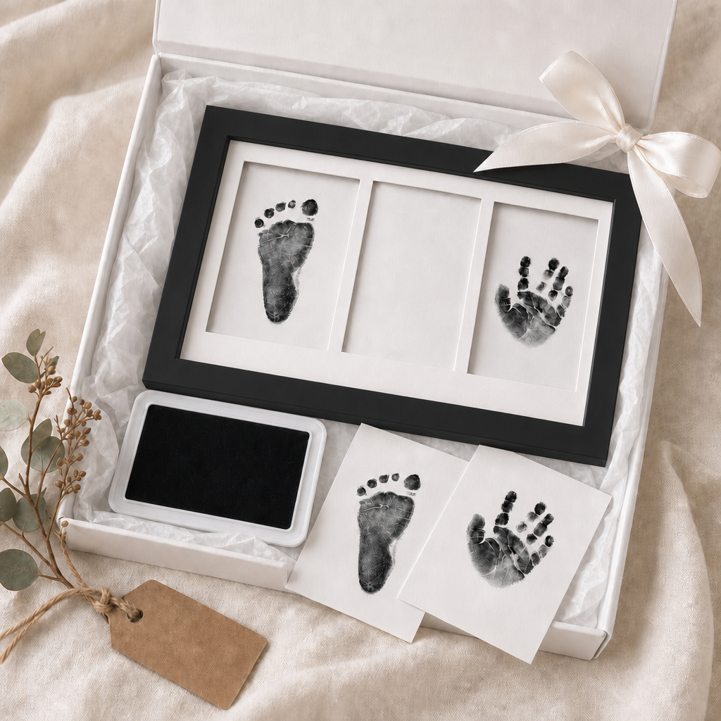 Newborn inkless handprint and footprint kit with black frame and white mat, presented in an open baby shower gift box with tissue paper