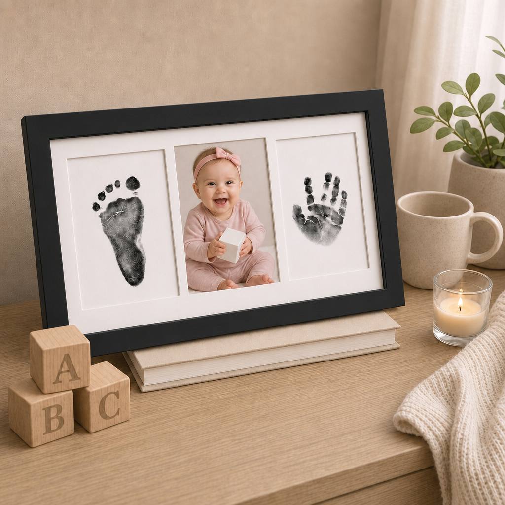 Black frame inkless newborn print kit with white mat insert, styled on a nursery bedside table with soft warm lighting