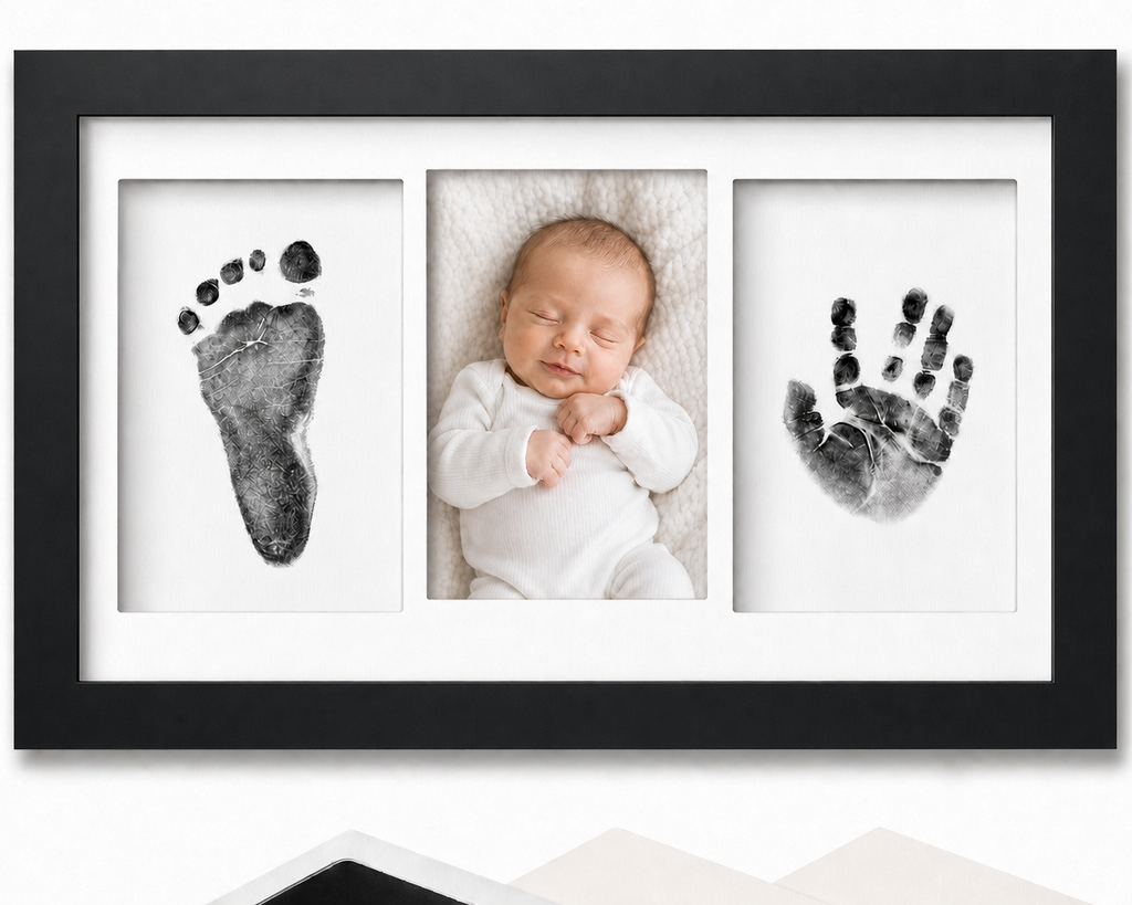 Newborn inkless print kit with black frame and white mat, showing handprint and footprint impression cards on a white background