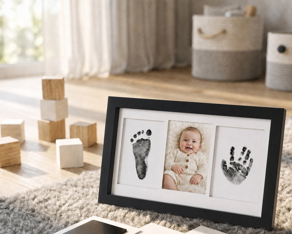 Inkless baby handprint and footprint kit in a black frame with white mat, displayed on a nursery wall in a warm lifestyle setting