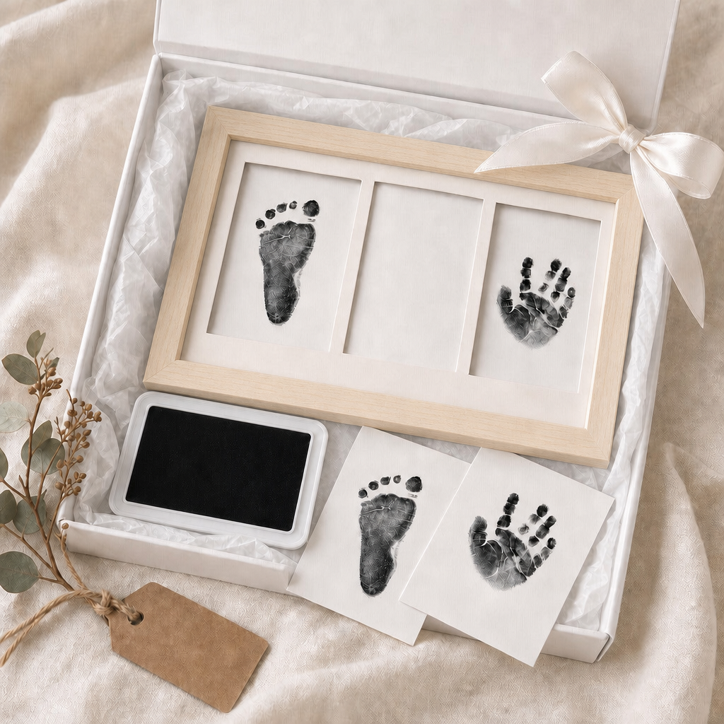 Newborn inkless handprint and footprint kit with natural wood frame and white mat, presented in an open baby shower gift box with tissue paper