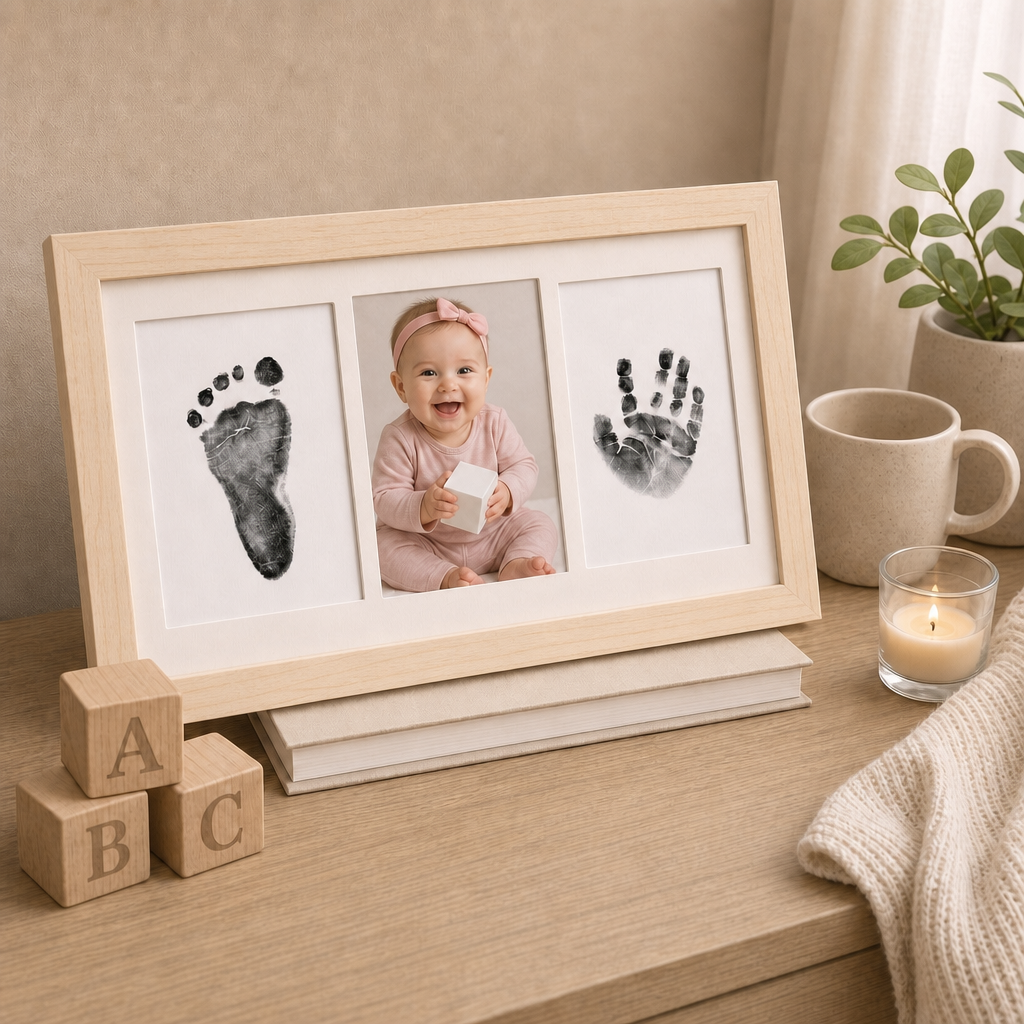Natural wood frame inkless newborn print kit with white mat insert, styled on a nursery bedside table with soft warm lighting