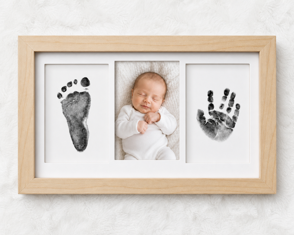 Newborn inkless print kit with natural wood frame, showing handprint and footprint impression cards on a white background