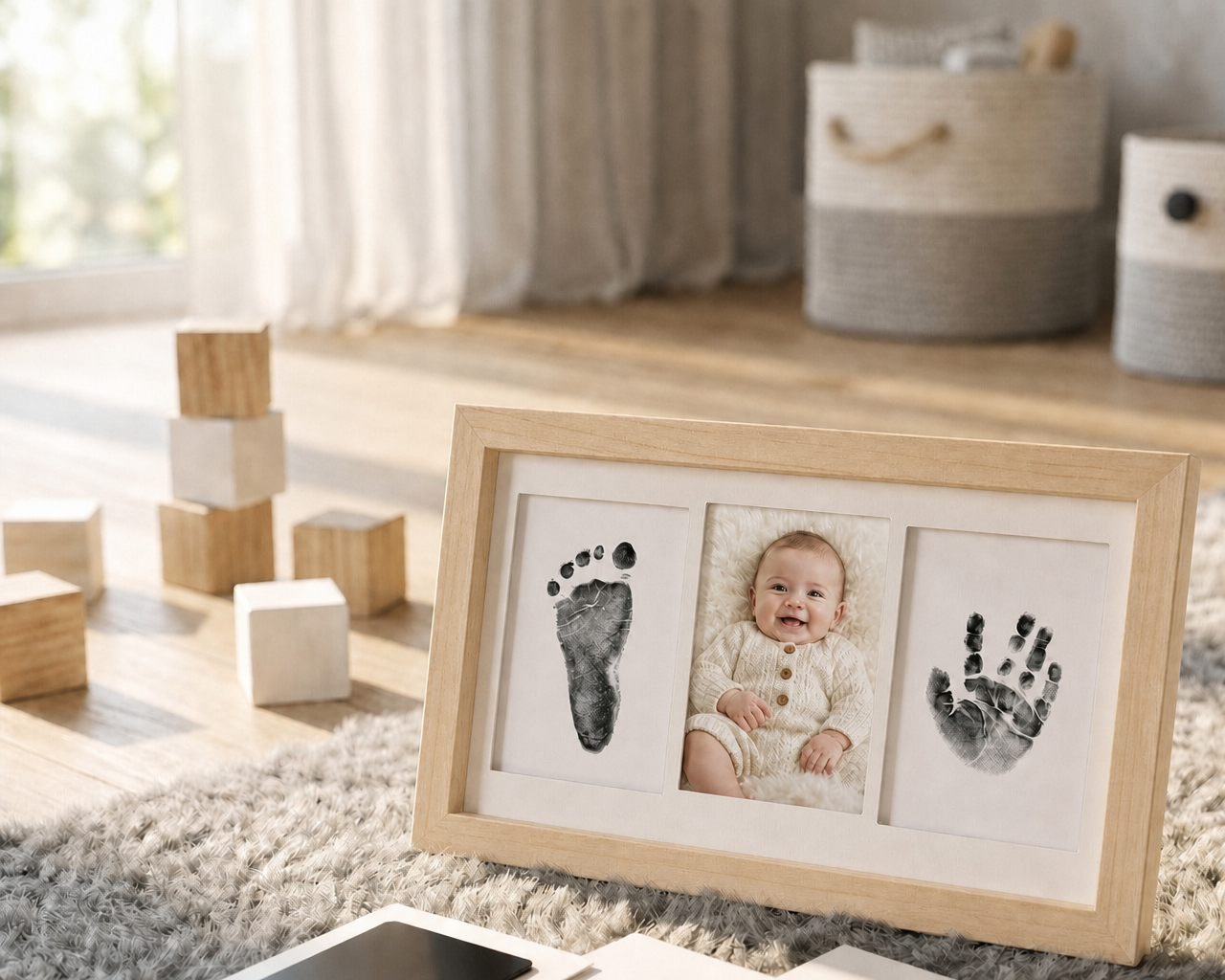 Inkless baby handprint and footprint kit displayed in a natural wood frame on a nursery wall, warm lifestyle setting