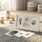 A white double-photo frame with a baby photo in the center and black foot print and hand print panels on either side, displayed on a gray rug in a softly lit nursery. Three printed cards with black prints lie in front of the frame, and wooden blocks and storage bins are visible in the background.