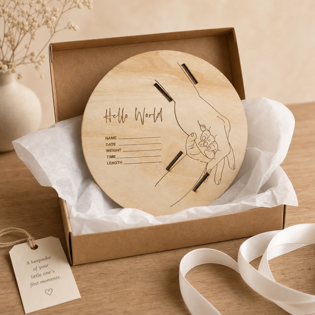 Kiddospot wooden baby announcement board keepsake with hospital band slots, accompanied by a tag and ribbon.