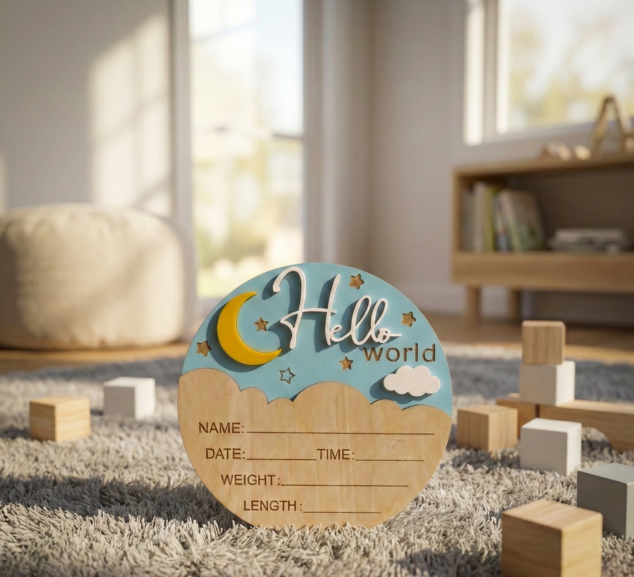 Wooden baby milestone plaque with 'Hello world' text on a carpeted floor.