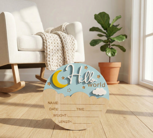 Kiddospot wooden baby announcement sign Hello World on nursery floor — newborn photo prop