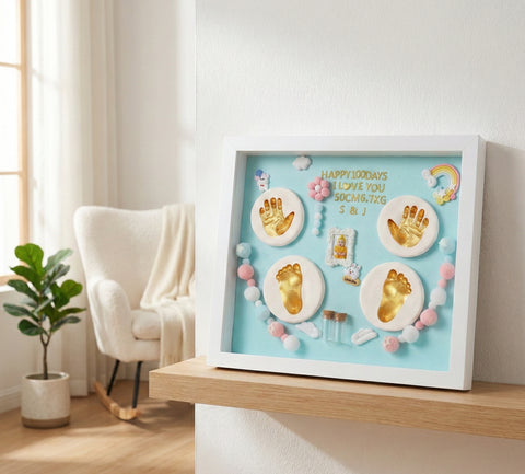 Kiddospot blue baby handprint footprint frame on nursery shelf lifestyle — inkless kit