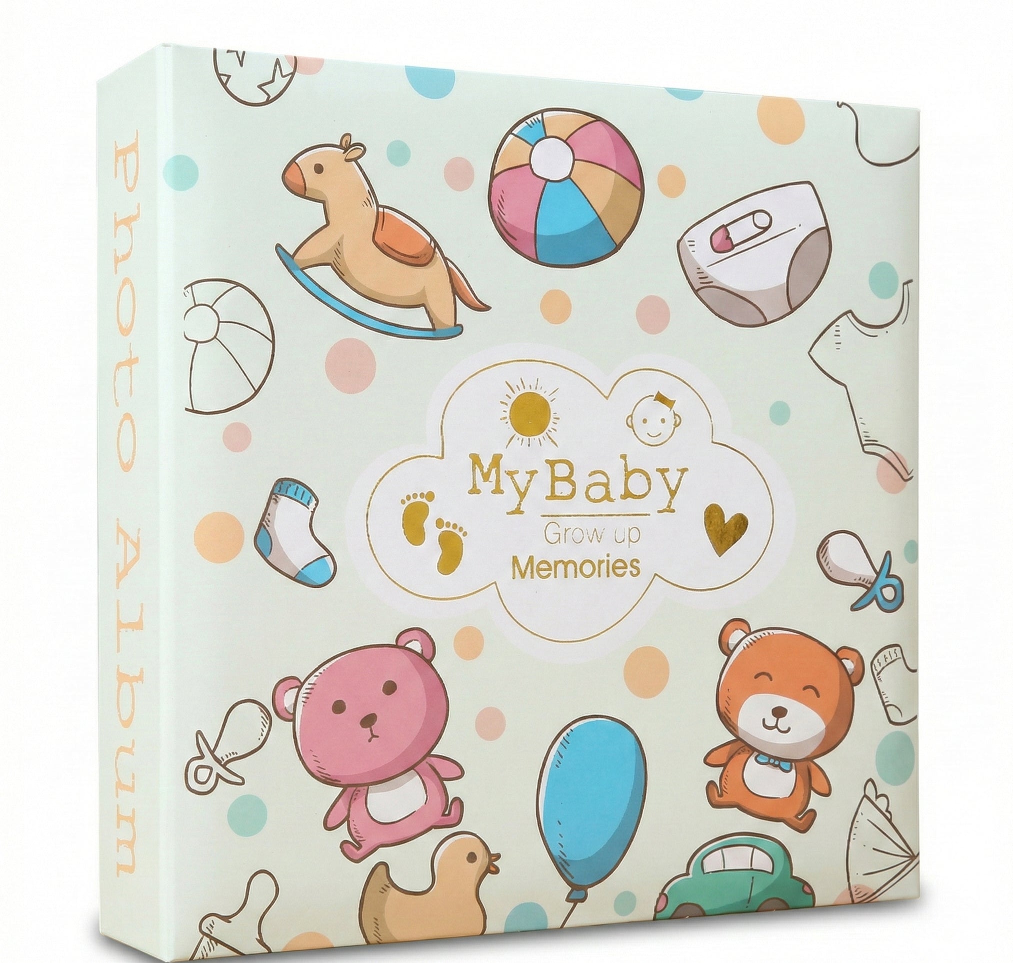 Children's memory book titled 'My Baby Grow-up Memories' with cartoon illustrations on a light blue background.