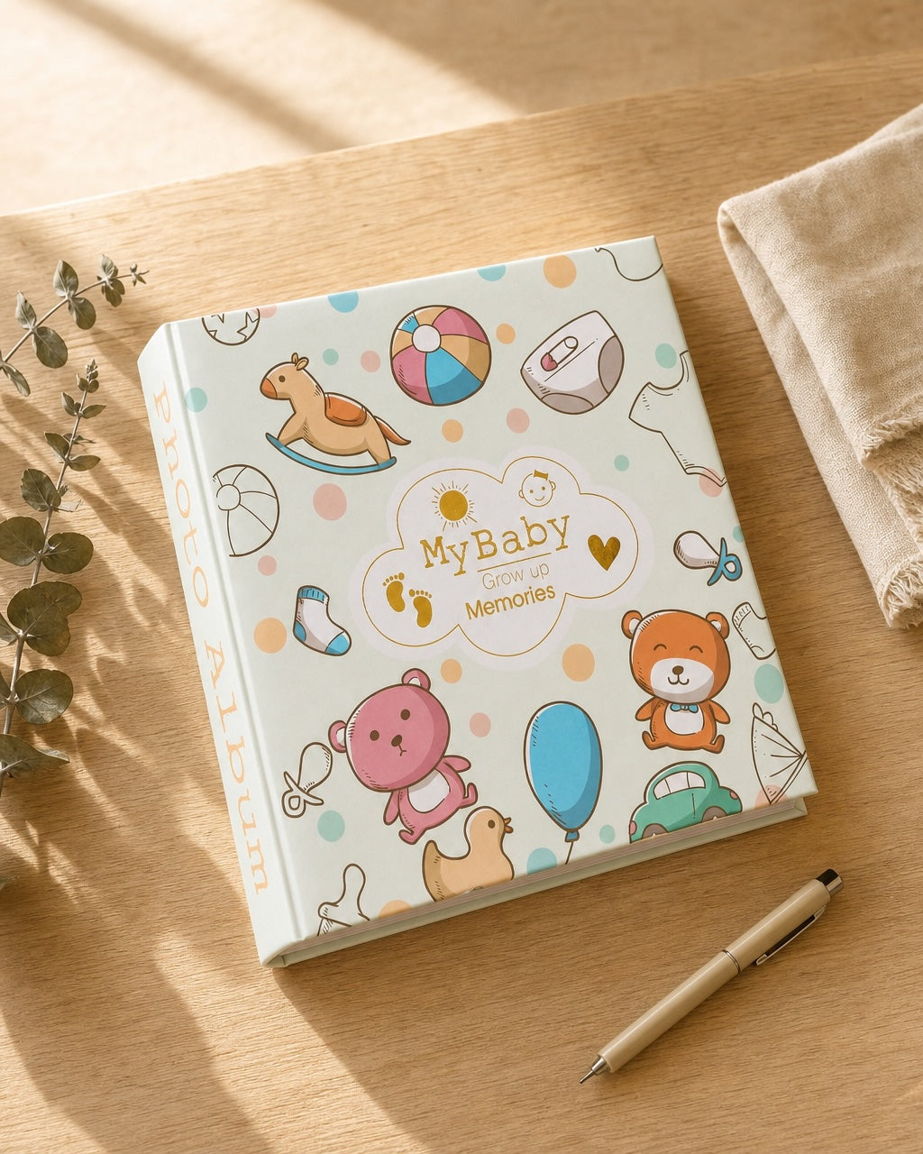 Kiddospot baby memory book and journal closed on oak wooden surface with eucalyptus styling — 100-page hardbound keepsake birth to age 5