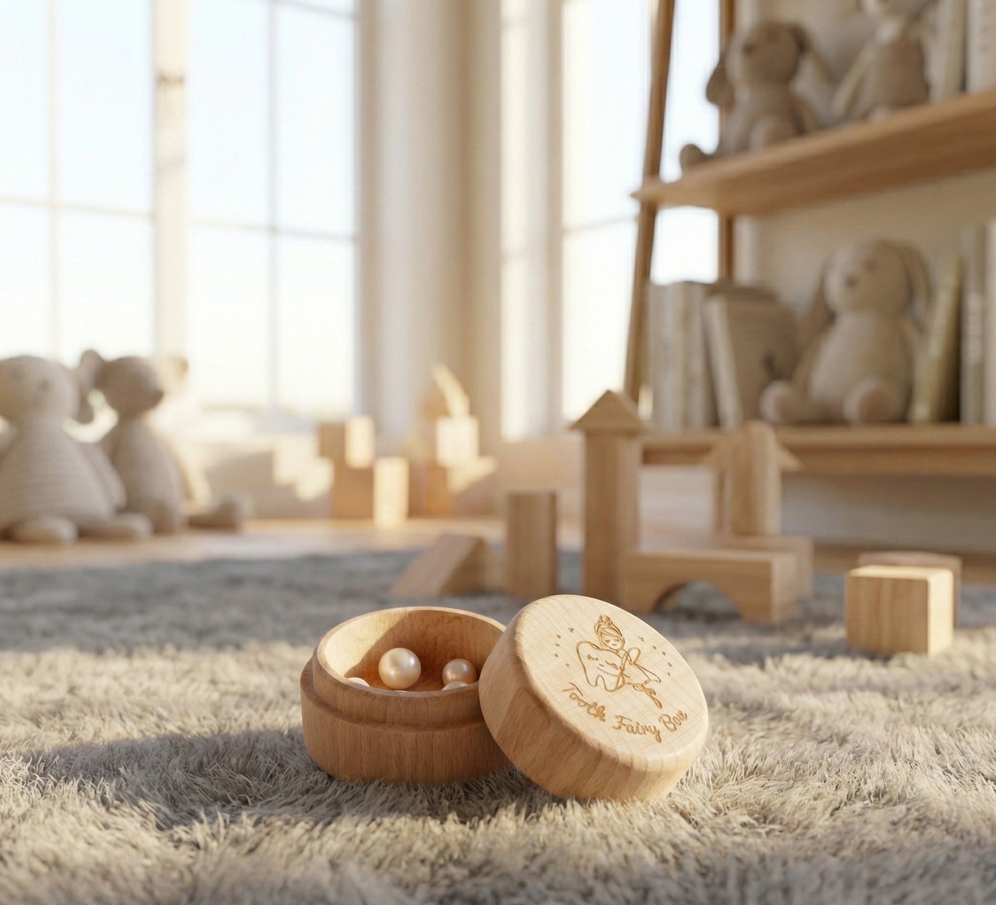 Wooden tooth fairy box with baby teeth on a carpeted floor in a nursery.