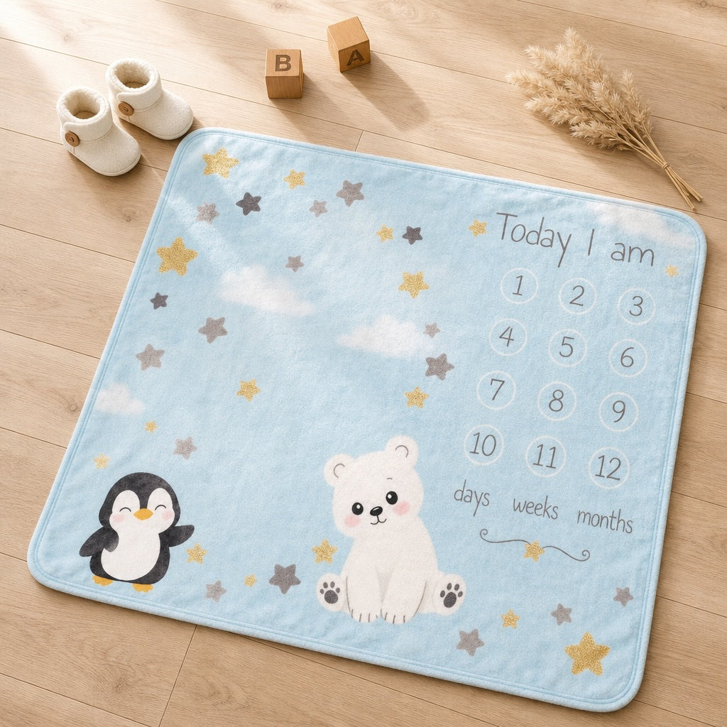 Kiddospot blue baby milestone blanket with penguin and bear design on a wooden floor.