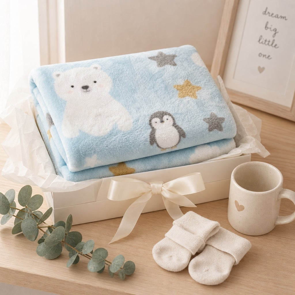 Kiddospot blue baby blanket with polar bear and penguin design, socks, and a mug on a wooden surface.