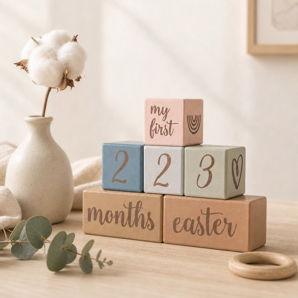 Kiddospot baby blue milestone blocks  with decorative elements on a neutral background