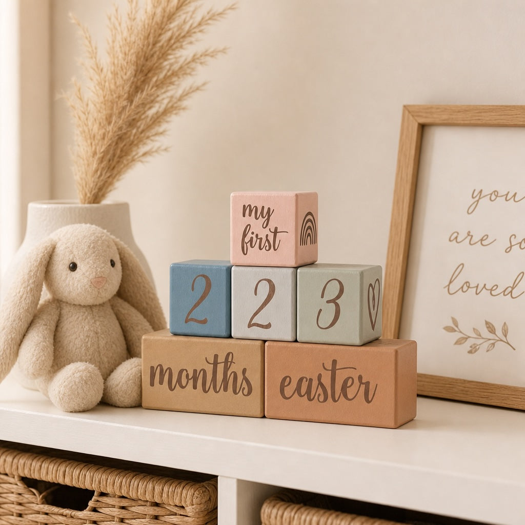 Kiddospot baby milestone blocks with numbers and text on a shelf with a plush bunny and framed picture.