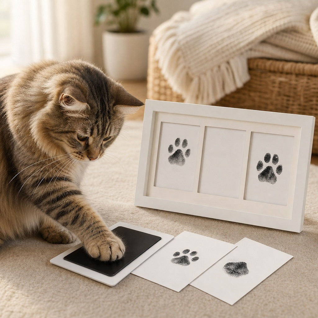 Kiddospot inkless kit with cat paw and nose print cards on wooden surface