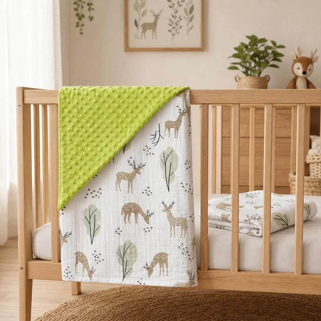 Kiddospot Deer Minky Blanket and Muslin Swaddle Set displayed at a natural timber nursery cot — woodland deer print in taupe on off-white with lime green dimple minky reverse visible. Both matching pieces shown together in a warm earthy woodland nursery.