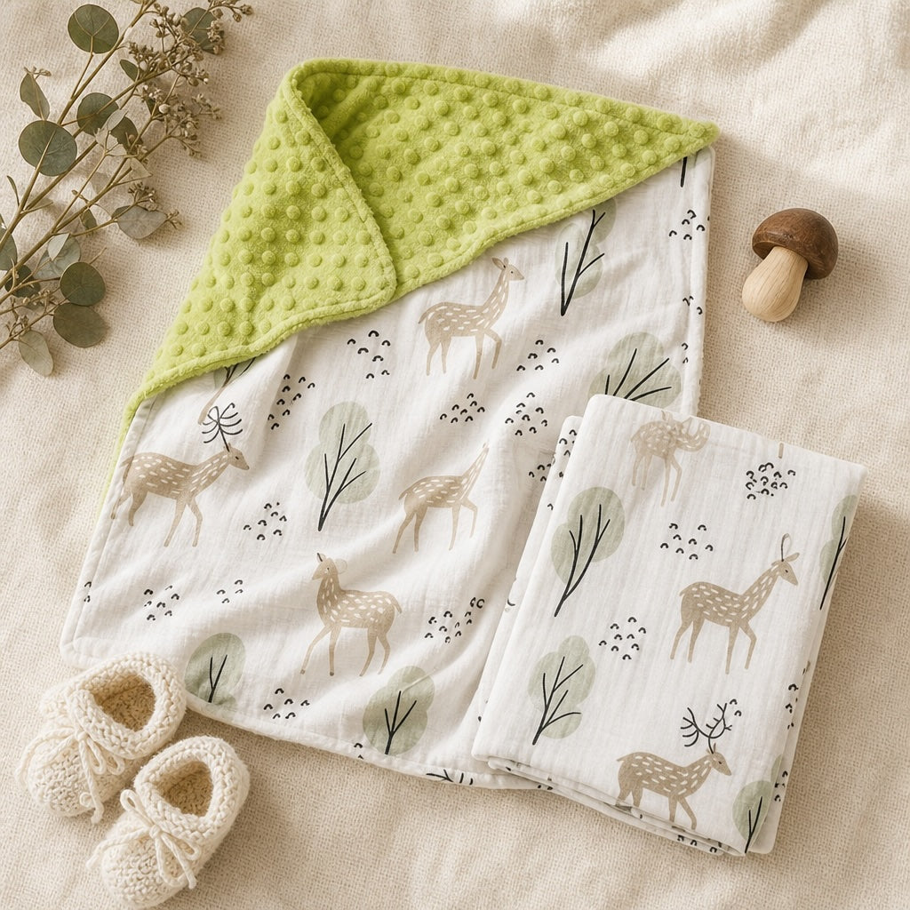 Overhead flat lay of the Kiddospot Deer Minky Blanket and Muslin Swaddle Set — both woodland deer print pieces shown together with lime green dimple reverse visible, styled with eucalyptus, a wooden toy and cream knitted booties. Beautiful gender-neutral baby shower gift.