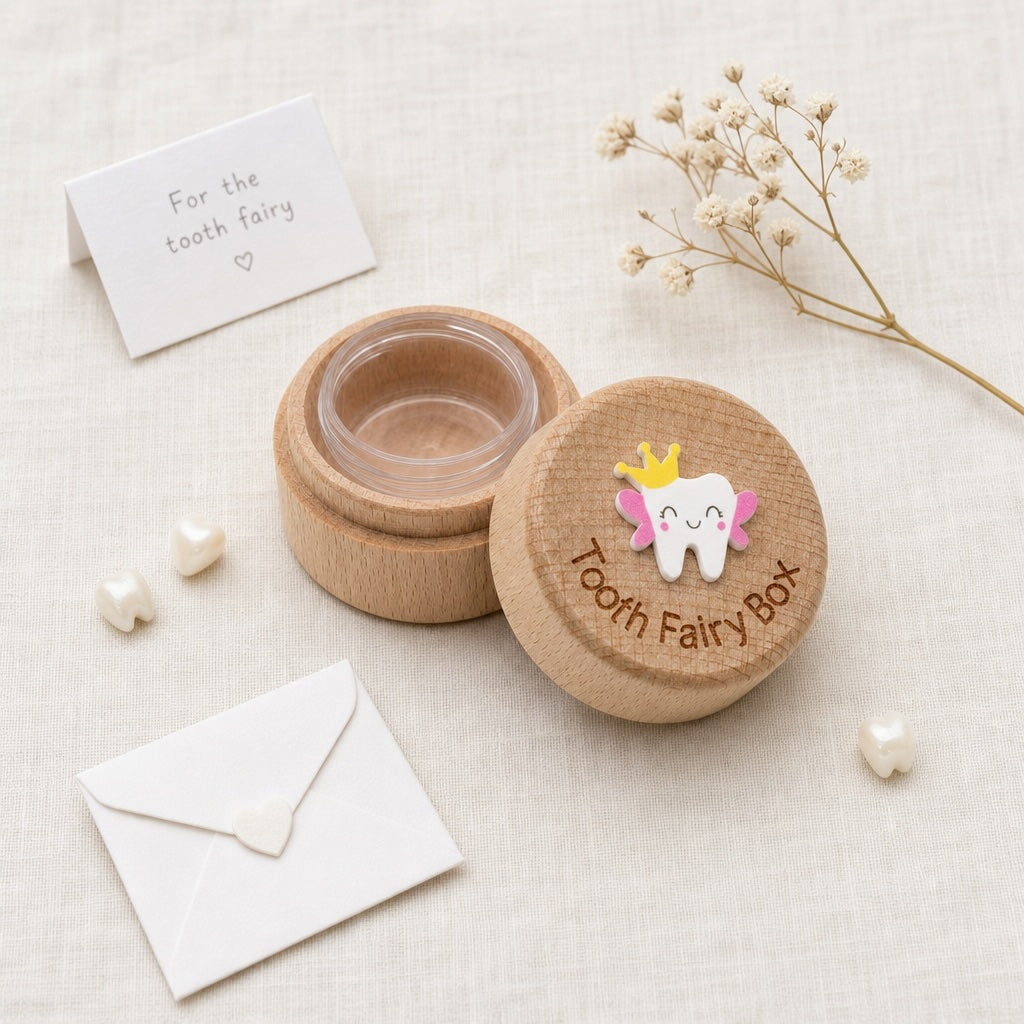 Kiddospot Deluxe Wooden Tooth Fairy Box — solid beechwood cylindrical box with a tooth-shaped design on a light background