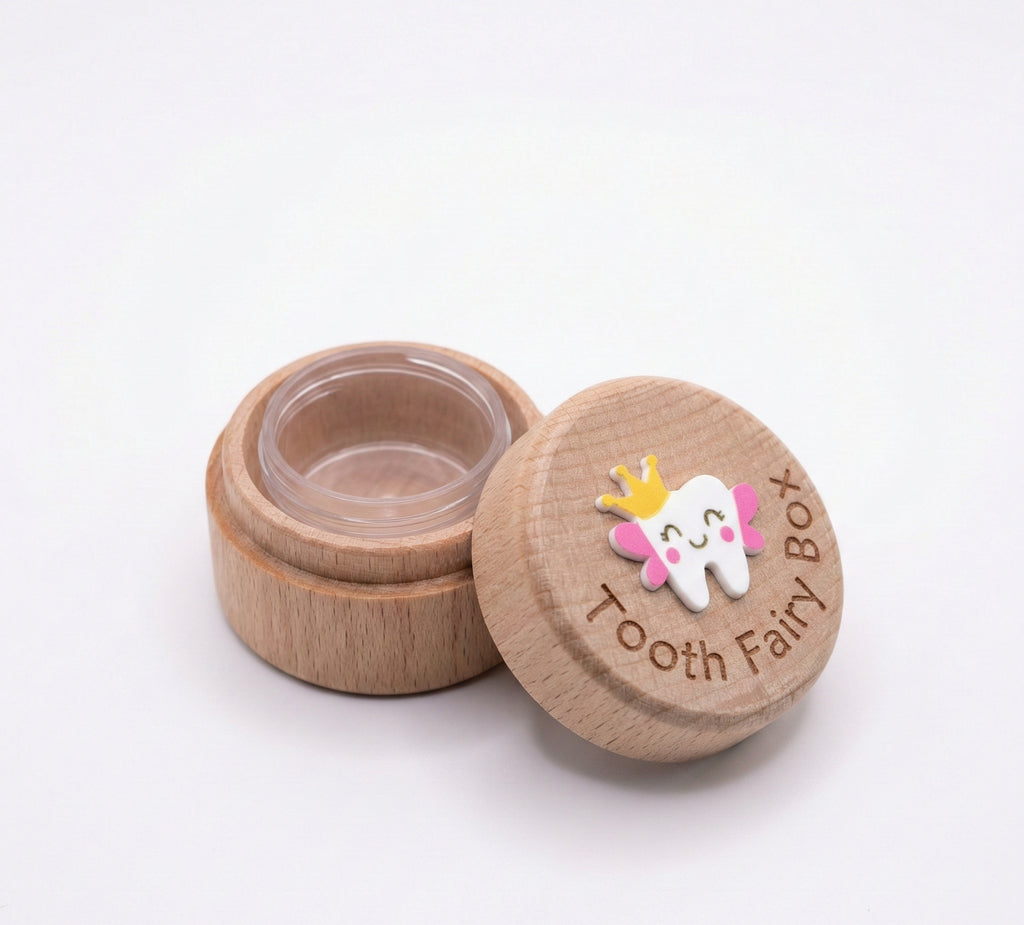 Kiddospot deluxe tooth fairy box close-up engraving detail — premium beechwood lid design
