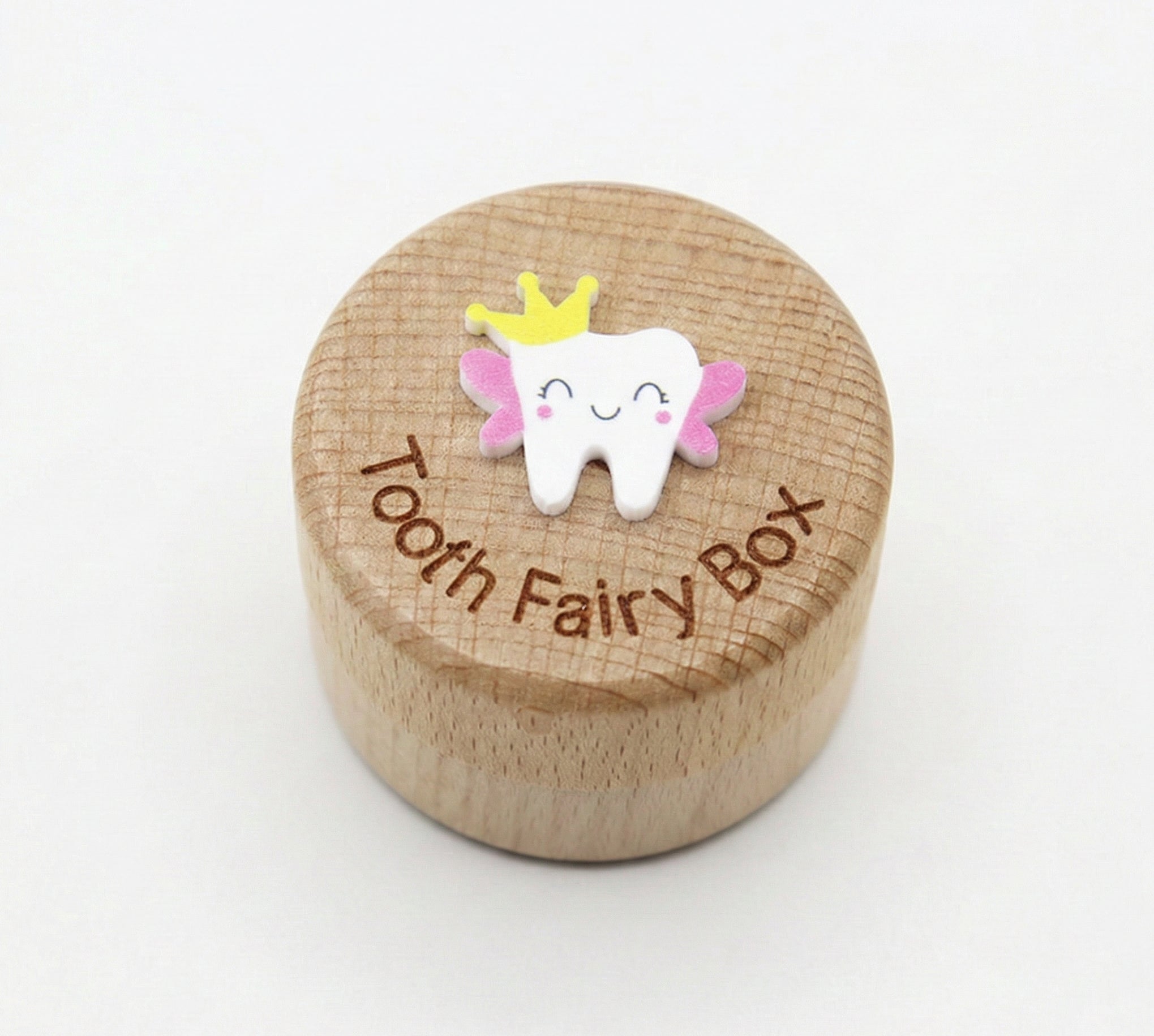 Wooden tooth fairy box with a smiling tooth design on a white background