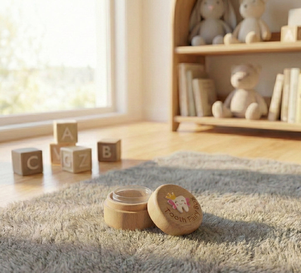 Kiddospot deluxe wooden tooth fairy box lifestyle — engraved beechwood keepsake