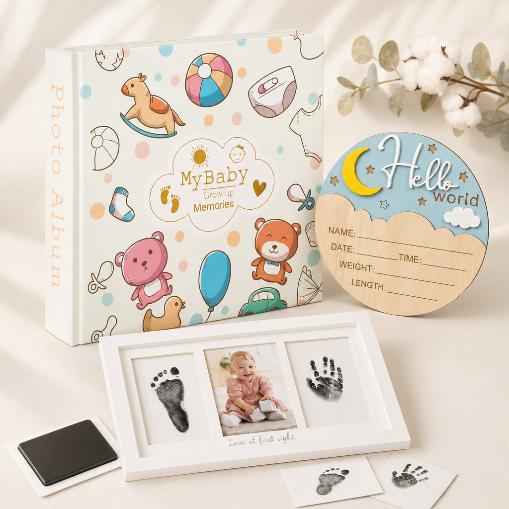 Kiddospot First Memories Gift Set — baby memory book, Hello World wooden announcement sign, and newborn inkless hand and footprint kit flat-lay