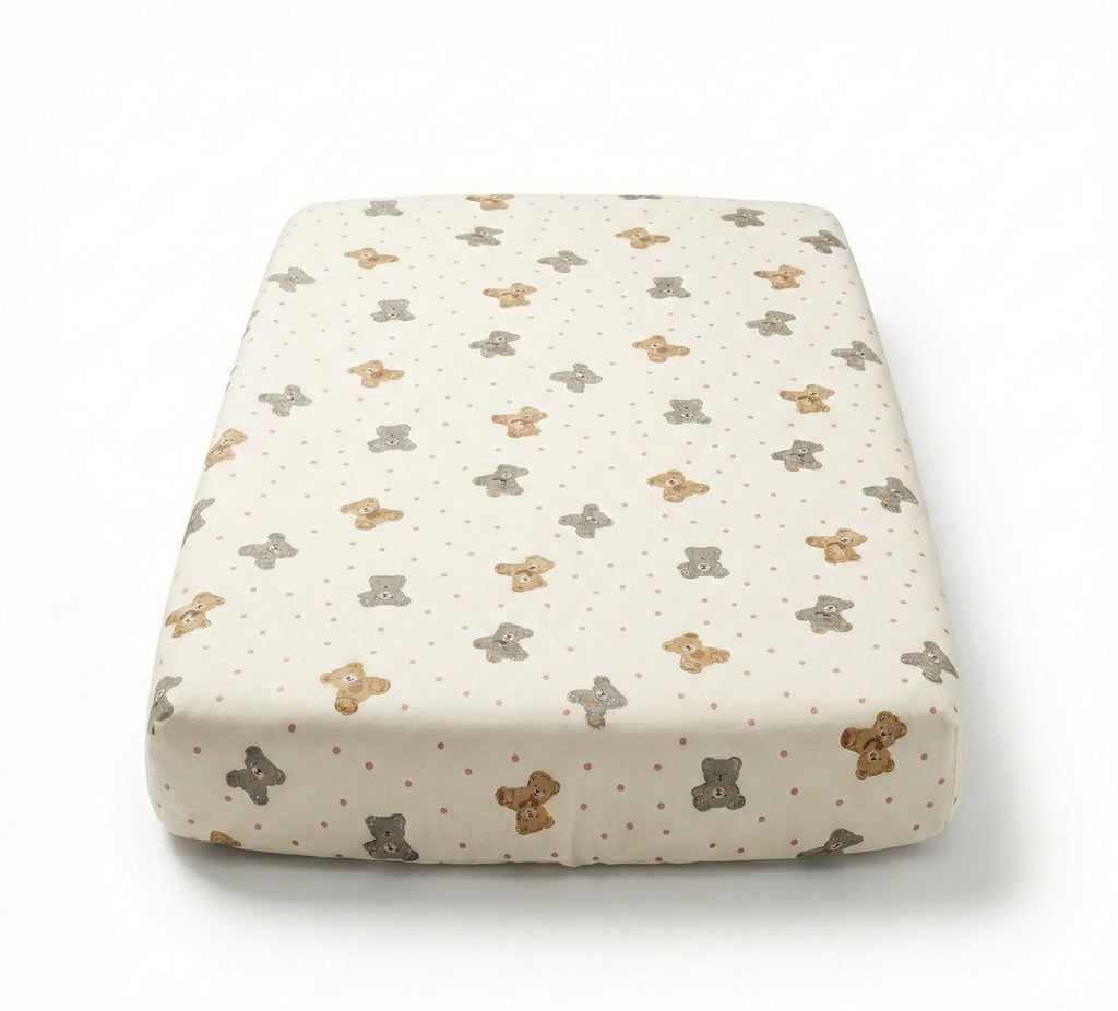 Baby changing pad with teddy bear pattern on a white background