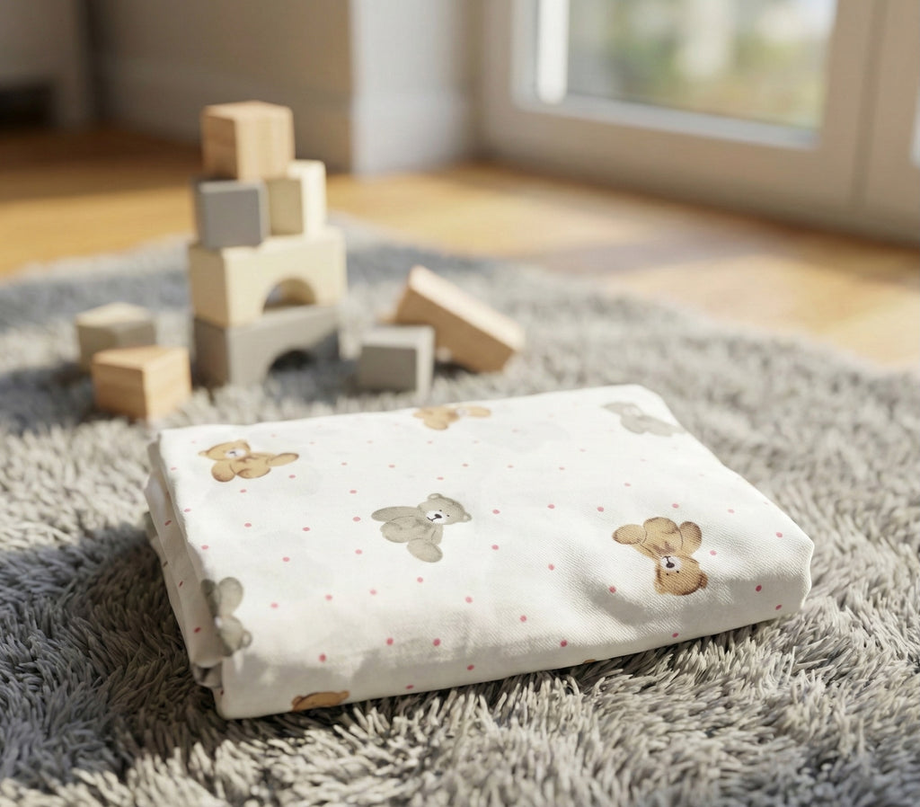 Folded baby blanket with teddy bear pattern on a carpeted floor with wooden blocks in the background