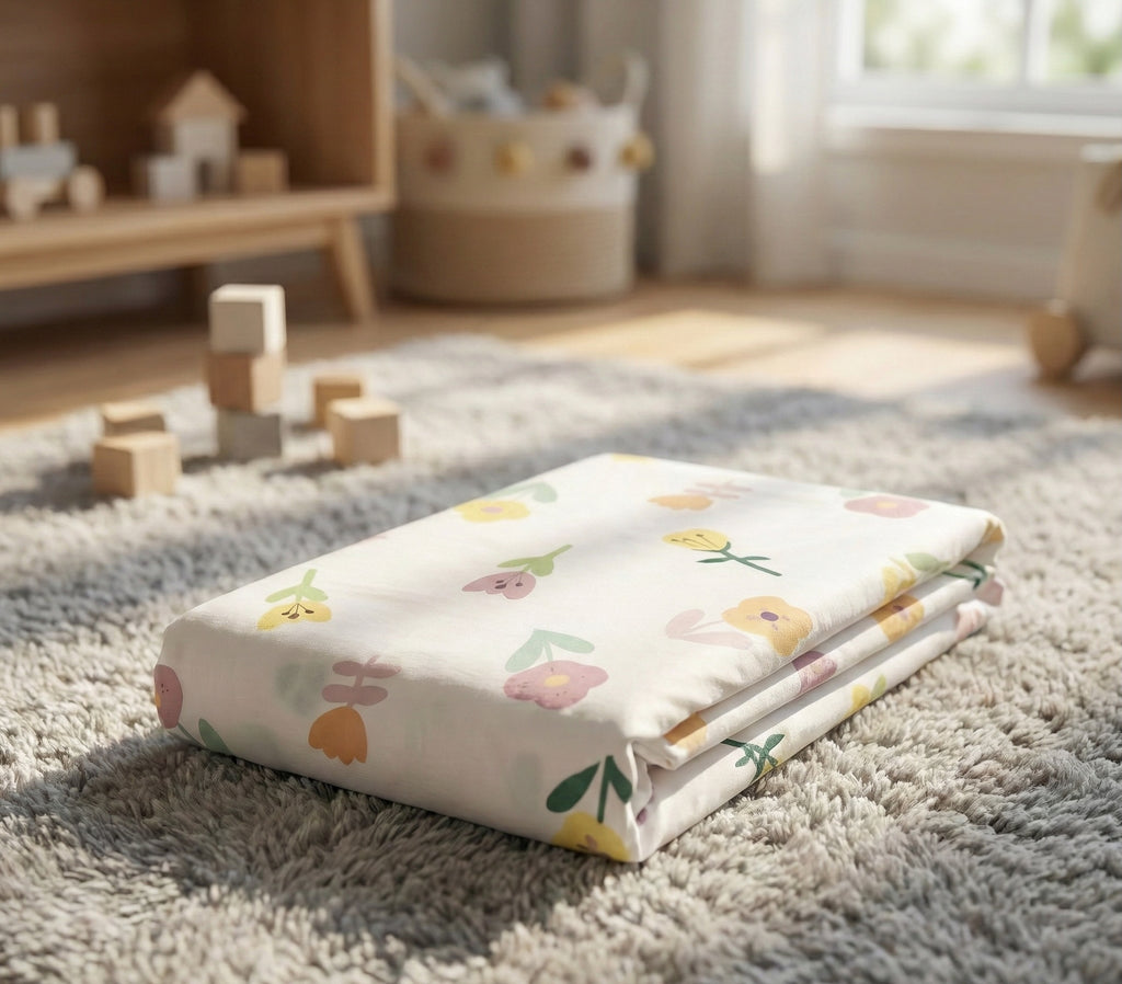 Floral-patterned baby blanket on a carpeted floor with toys in the background