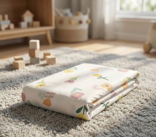 Kiddospot cotton cot fitted sheet flower design on nursery floor — breathable cotton