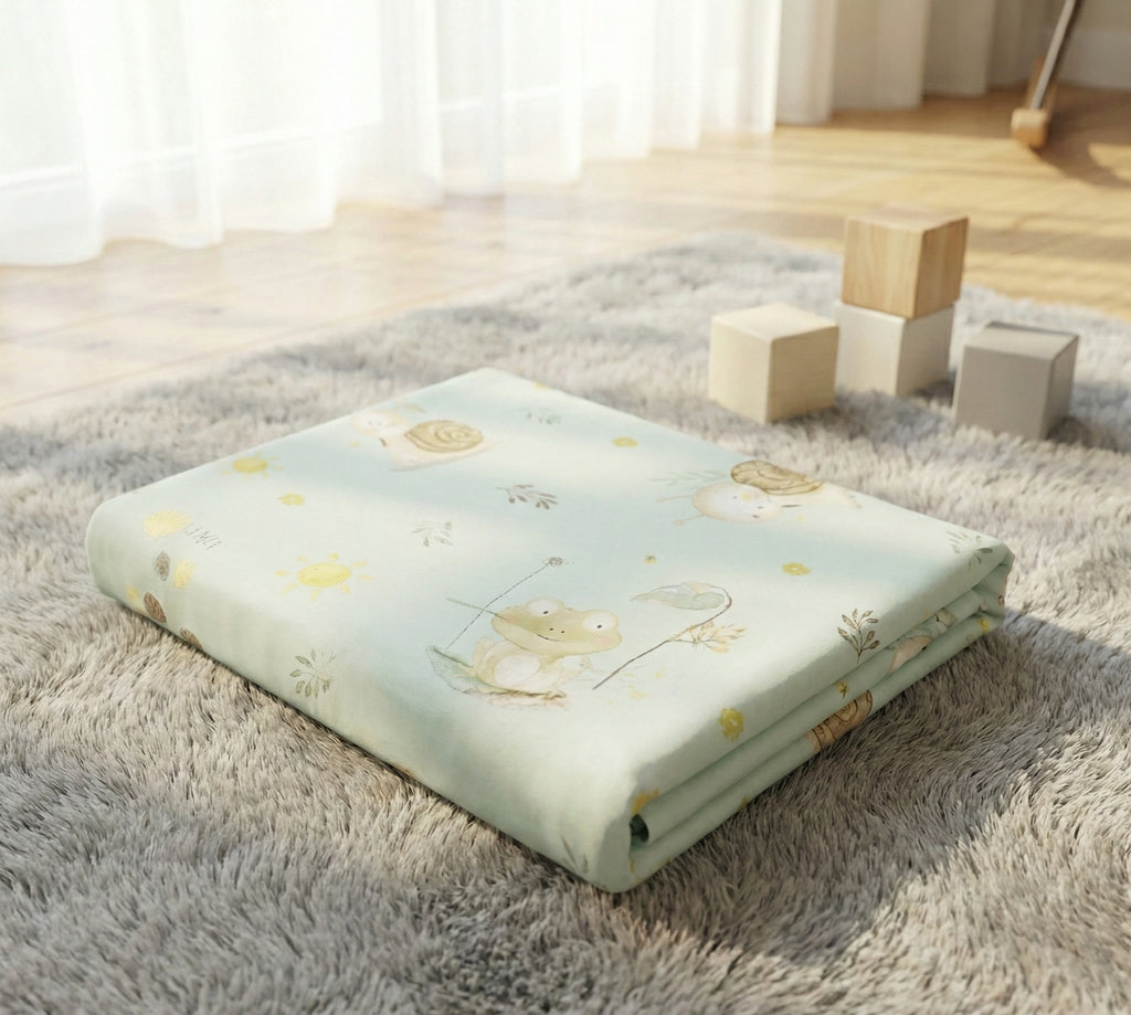 Folded crib mattress with frog design on a fluffy rug