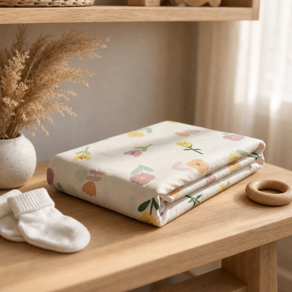 Kiddospot floral-patterned baby cot fitted sheet on a wooden surface with white socks and a small wooden item.