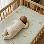 Newborn baby sleeping on the Kiddospot GOTS organic cotton cot fitted sheet in Frog and Snail design — pale mint green base with watercolour frogs, snails, dragonflies and botanicals, fitted neatly over a standard 132x72cm cot mattress in a warm timber nursery.