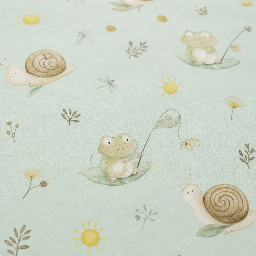 Close-up detail of the Kiddospot GOTS organic cotton cot fitted sheet Frog and Snail design — pale mint green fabric with tossed watercolour motifs of light green frogs on lily pads, cream snails with swirly shells, yellow suns, light blue dragonflies and botanical sprigs. Smooth matte woven cotton.