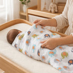 Parent's hands swaddling a newborn baby with the Kiddospot GOTS certified organic muslin swaddle in elephant print — white double-gauze cotton with colourful elephant motifs in sky blue, sage green, and orange chevron ears. Soft nursery setting.