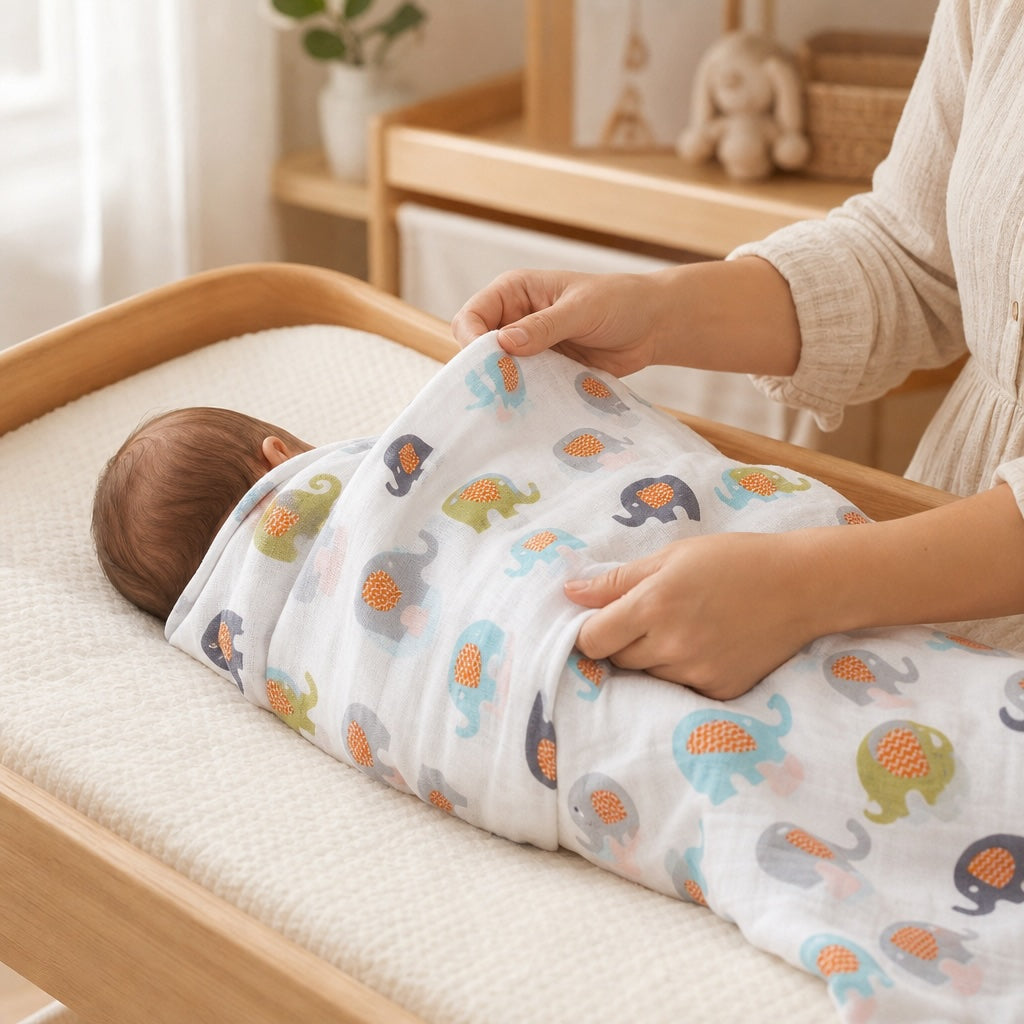 Parent's hands swaddling a newborn baby with the Kiddospot GOTS certified organic muslin swaddle in elephant print — white double-gauze cotton with colourful elephant motifs in sky blue, sage green, and orange chevron ears. Soft nursery setting.