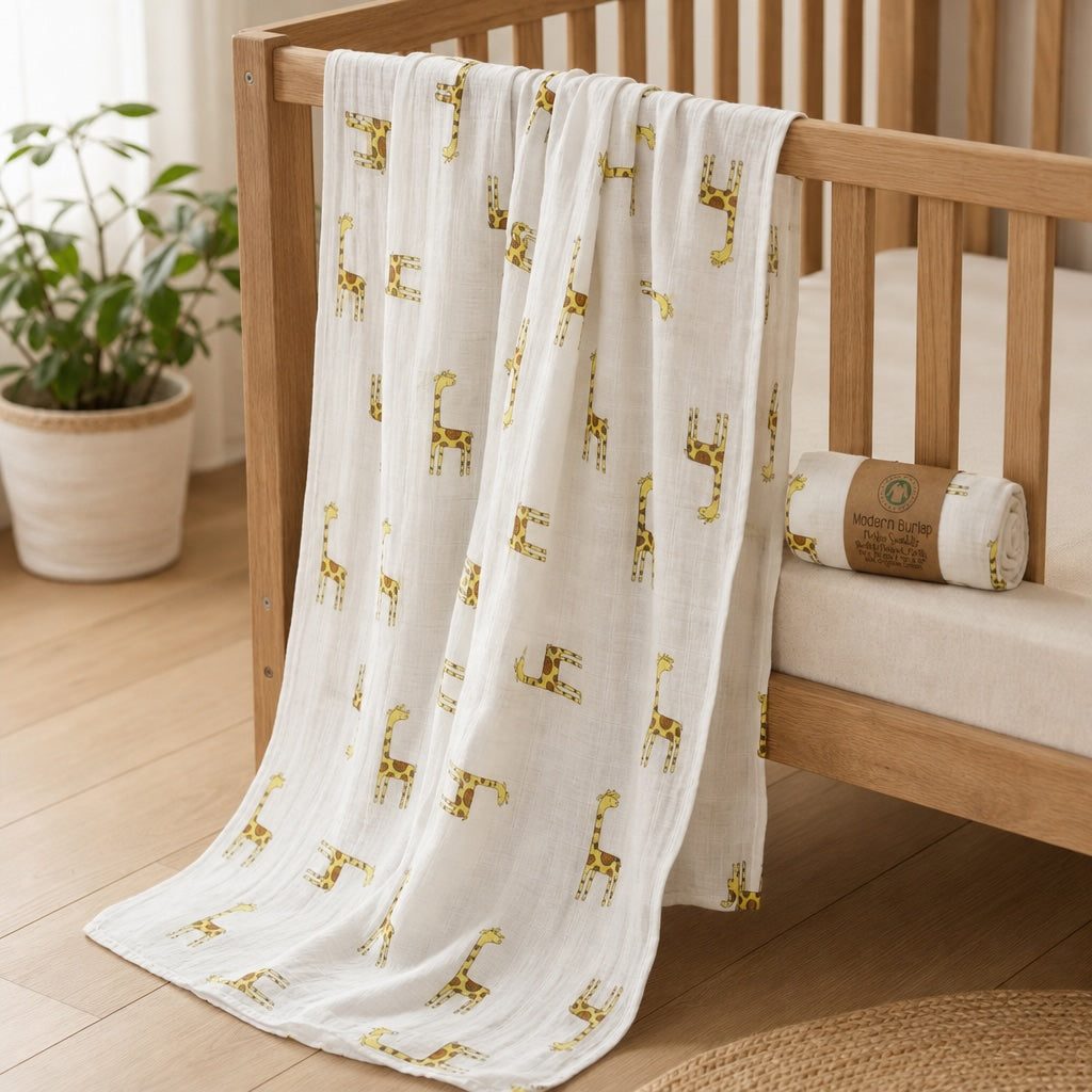 Kiddospot GOTS Organic Muslin Swaddle in Giraffe Print pattern draped over a wooden crib in a nursery setting.