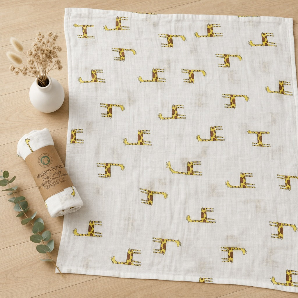 Kiddospot GOTS Organic Muslin Swaddle in Giraffe Print pattern on a wooden surface with rolled-up swaddle and vase.