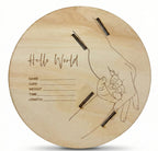 Wooden color "Hello World" keepsake disk with hospital band slots for mum and child. 