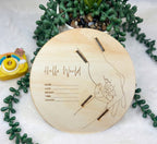 Wooden color "Hello World" keepsake disk with hospital band slots for mum and child. 