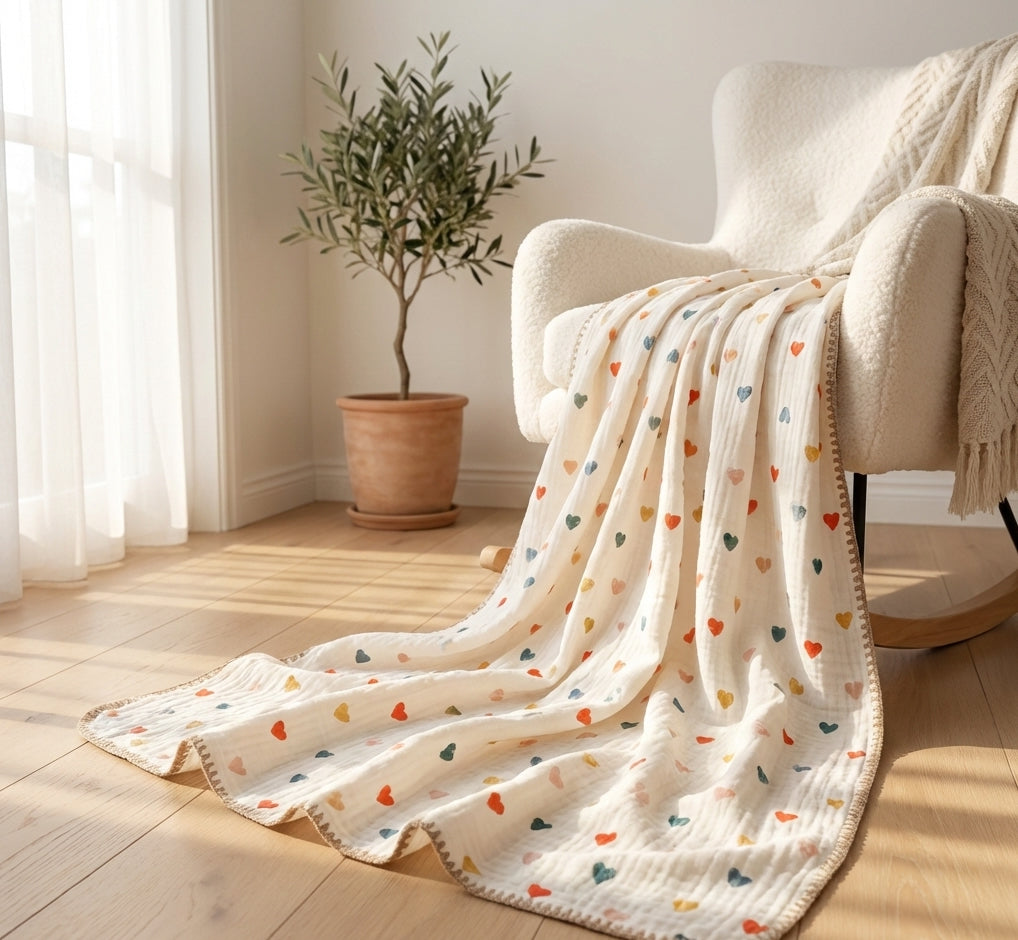 Beige armchair with a colorful heart-patterned blanket draped over it, in a bright room with a plant and curtains.