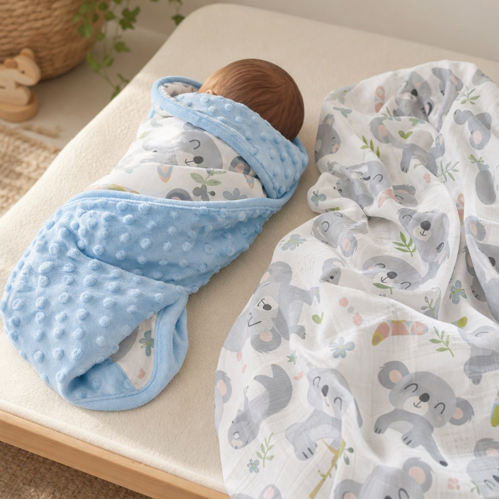 Newborn baby snuggled in the Kiddospot Koala Minky Blanket showing the sky blue dimple bubble reverse side, with the koala print white cotton front and matching muslin swaddle visible nearby. Cosy warm nursery lifestyle photography.